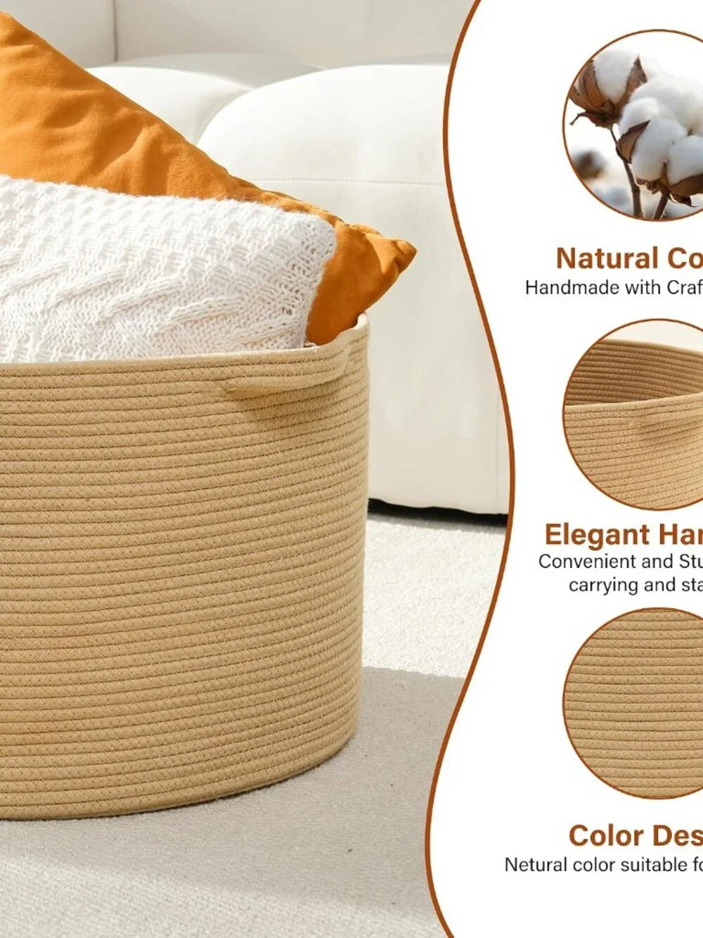 New Foldable Laundry Hamper Basket with Collapsible Handle Cotton Rope Soft Wov